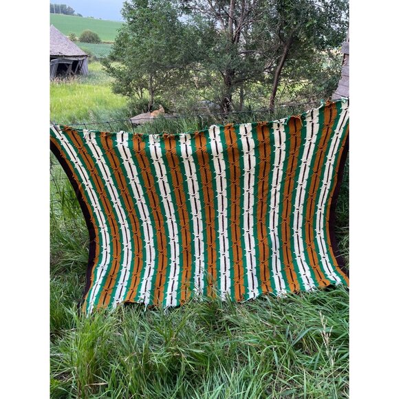Vintage 1970s Crochet Afghan Blanket Green Brown & Cream Stripes  74x59 - Picture 1 of 14